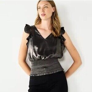 Nine West Sleeveless Ruffle Smocked Hem Top Size Medium